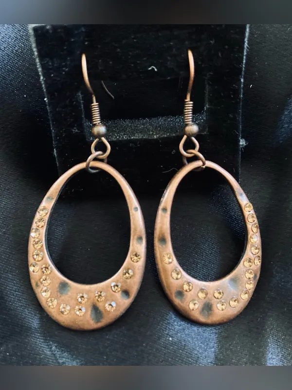 Copper-Tone Oval Drop Earrings w/ Amber Crystal Accents - Image 2