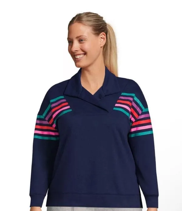 Land’s End Serious Sweats Striped Long Sleeve Collared Pullover Sweatshirt - Image 10