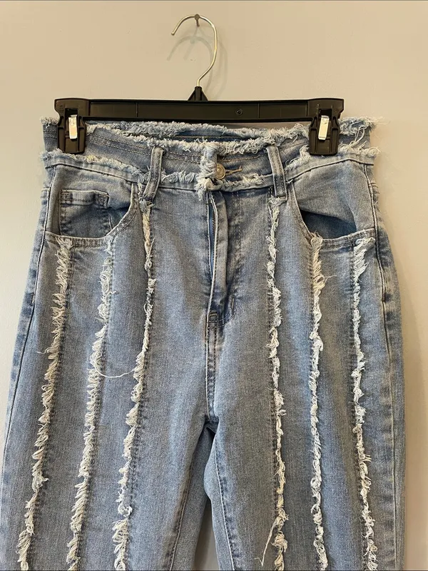 Women’s Light Blue Frayed Stripe Flared Jeans - Image 2