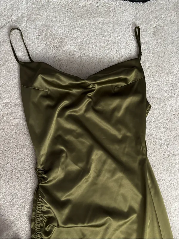Olive Green High-Low Slip Dress with Side Ruching - Image 3