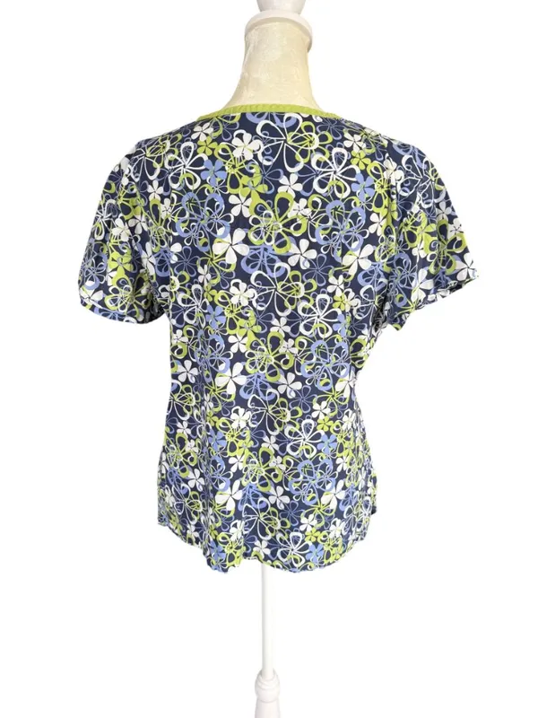 MC2 lime green and blue floral short sleeve v-neck scrub top front pockets L - Image 4