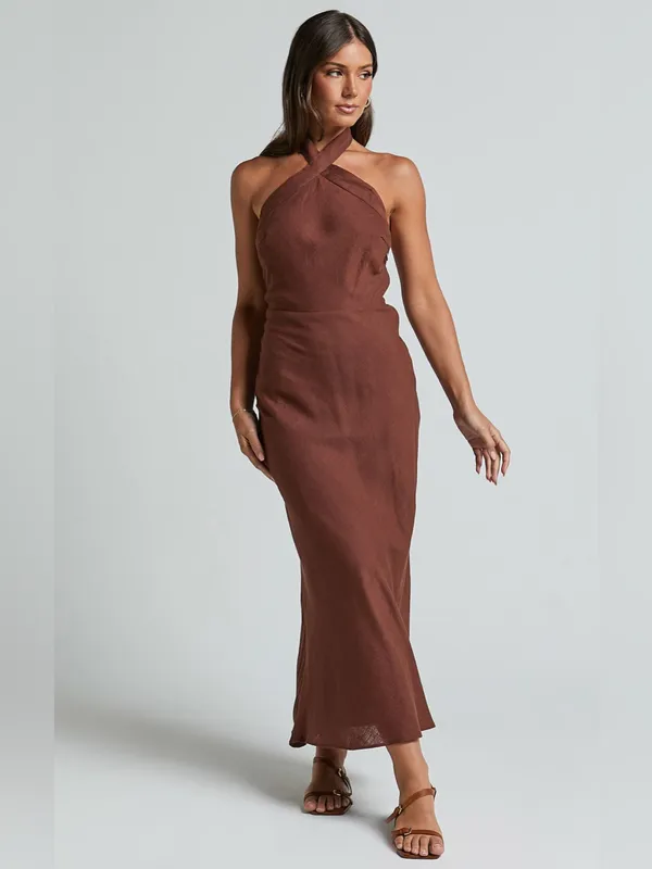 SHOWPO Maelynn Linen Twist Halter Neck Low Back Slip Dress In Chocolate - Image 5