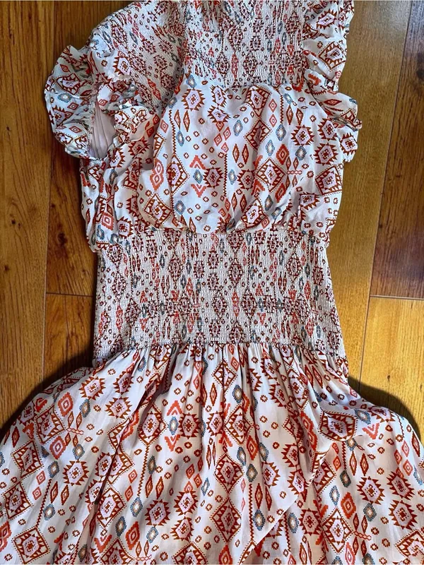 AQUA Boho Smocked Cotton Maxi Dress XL Pink Geometric Flutter Sleeve - Image 10