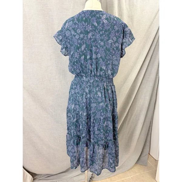 Voy Teal Blue Floral‎ Midi Dress Smocked Waist Flutter Sleeve L Cottagecore - Image 5