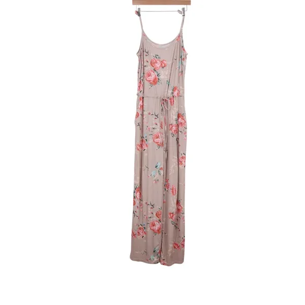 Floral Wide Leg Jumpsuit Mauve Pink Rose Print Spaghetti Strap Pockets Large - Image 2