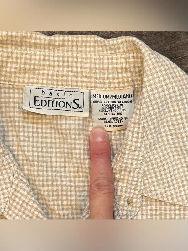 Basic Editions Gingham Short Sleeve Button Down Cottage Core Medium Embroidery White - Image 2