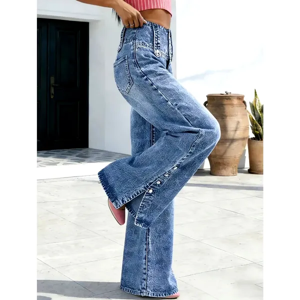 Casual High Waist Wide Leg Denim Jeans Button Down Calf Light Blue 10 - Image 3
