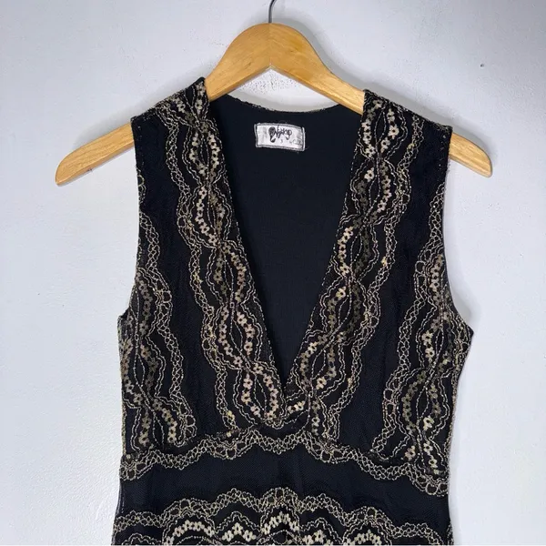 Nightcap Moroccan‎ Black Gold Lace V Neck Dress Size 3 Medium CP - Image 5