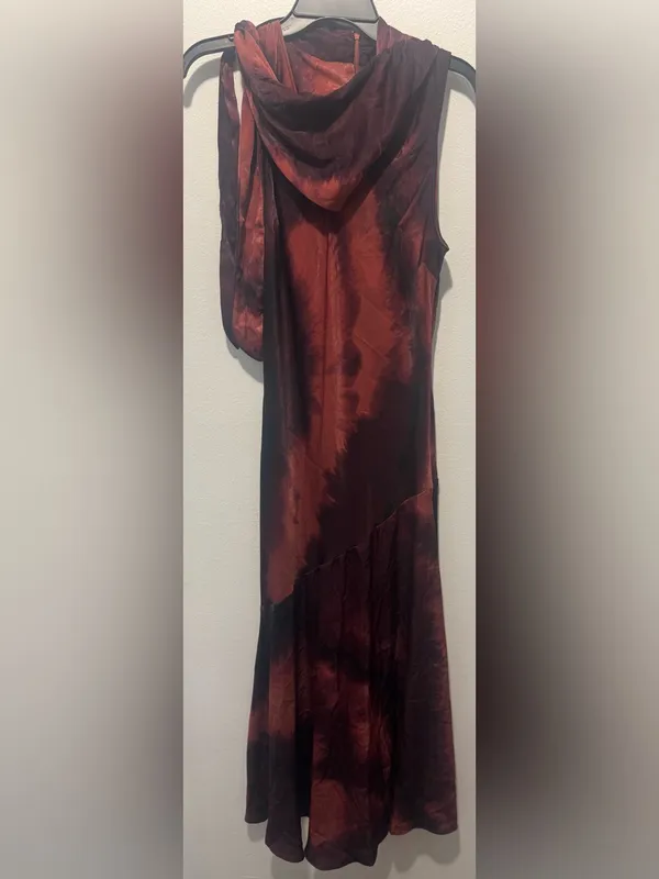 DKNY Sleeveless Tie-Neck Midi Dress in Burgundy and Coral Wash - Image 6