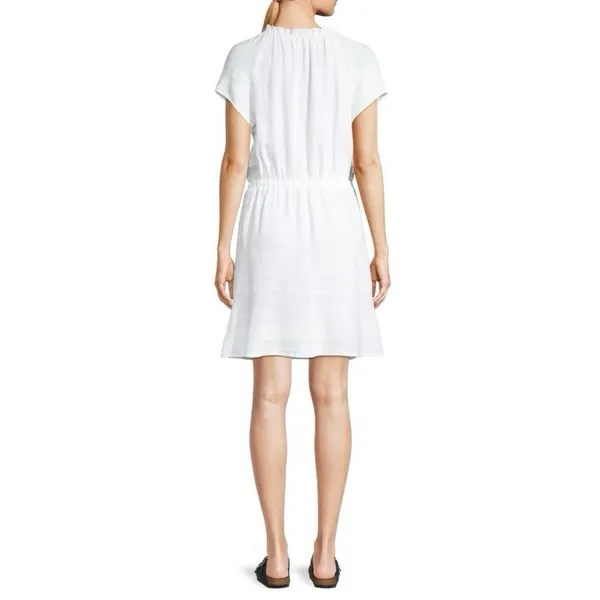 Cloth & Stone White Short Sleeve Ruffle Tie Neck Mini Dress Size M Rayon Linen‎ - Image 2