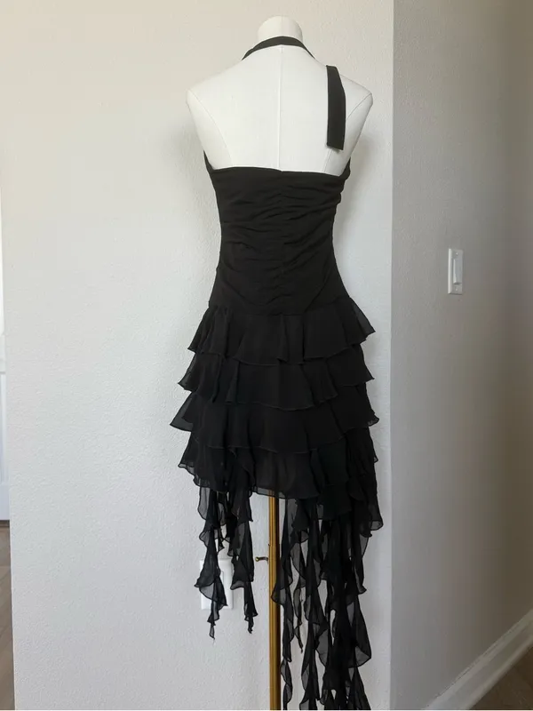 Betsy & Adam Y2K Whimsigoth Black Halter Ruffle Cascade Mini Dress Sz 12 - Image 5