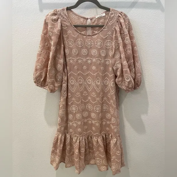 BLU PEPPER Soft Pink Embroidered Eyelet Mini Dress Small Coquette Cottagecore - Image 11