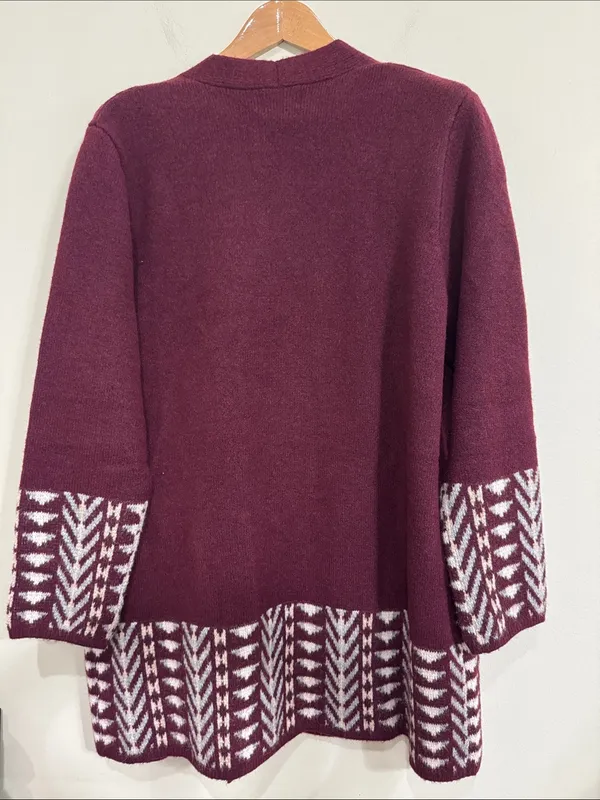 Frye Burgundy Open Front Long Sleeve Geometric Patterned plush Long Cardigan XL - Image 3