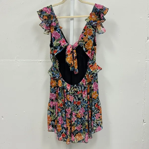 AQUA Floral‎ Metallic Ruffle Mini Dress Open Back Tie Multi Color Large Summer - Image 2