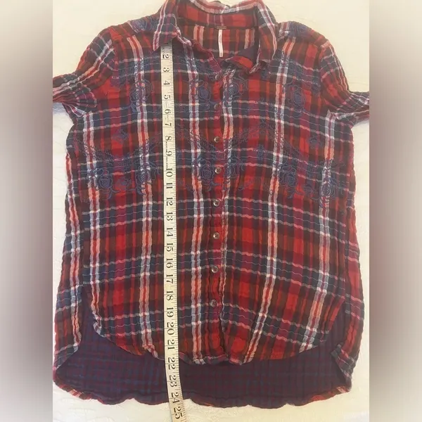 Free People XS Plaid Embroidered Button-Up Shirt Red/Blue Long Sleeve Cotton - Image 10