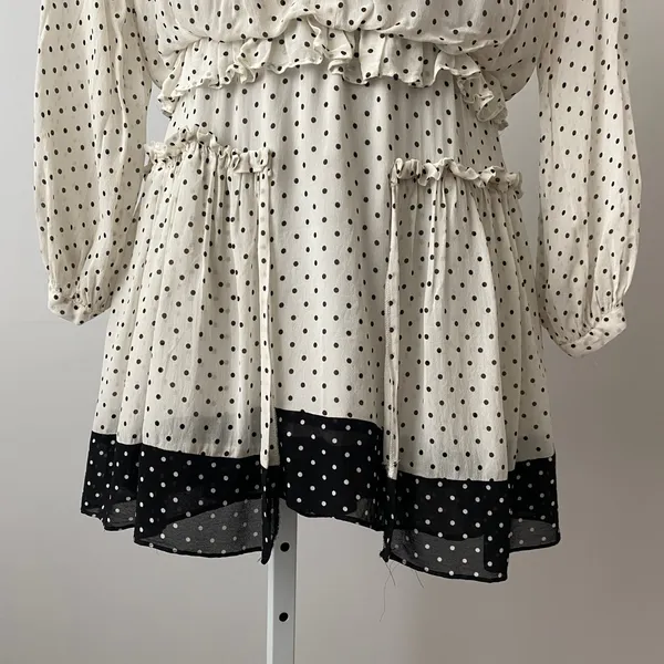ZARA Cottage XS White Polka‎ Dot Mini Dress Ruffle Collar Boho Chic - Image 3