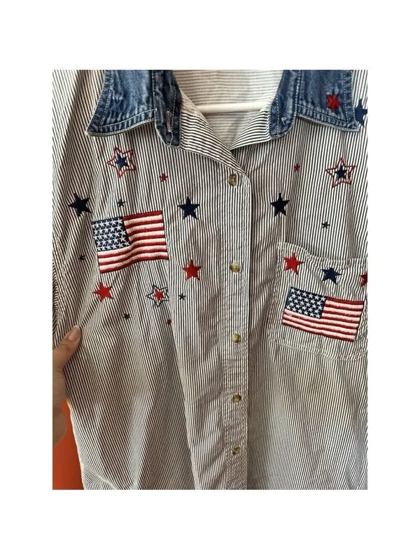 Vintage Quizz Again & Co. Flag Patriotic Cotton Embroidered Shirt Holiday USA - Image 5