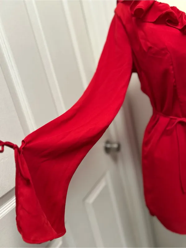 Red Ruffled V-Neck Long-Sleeve Mini Dress - Image 3