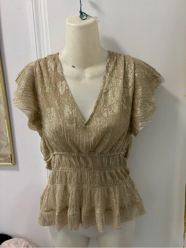 Anthropologie Smocked Metallic Gold Short-Sleeve Top - Image 8