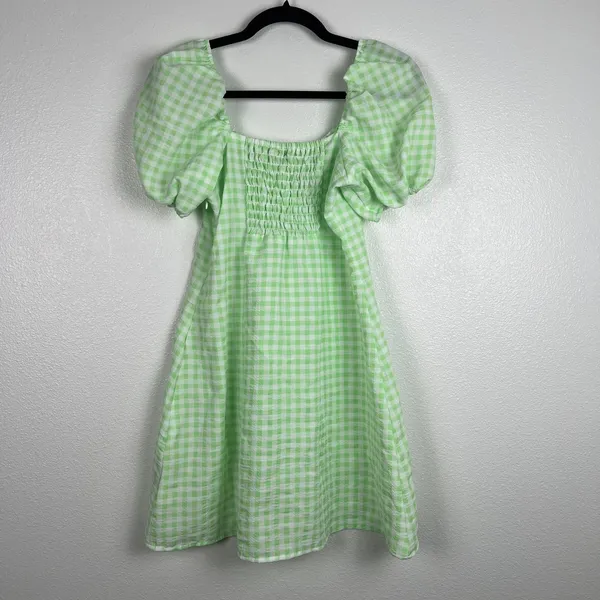 H&M Divided‎ Women Green Gingham Puff Sleeve Sweetheart Dress M - Image 6