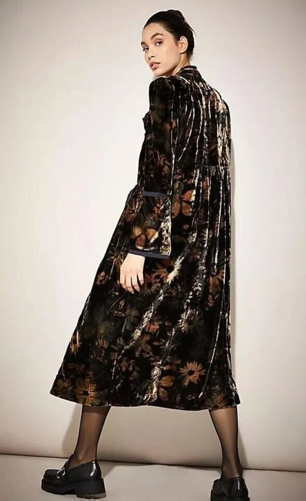 Free People Hazel Duster Velvet Coat Floral Print Black Gold Brown Lined XL H - Image 3