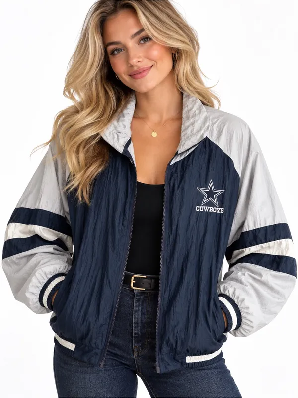 Vintage Locker Line Dallas Cowboys Windbreaker Jacket Navy White L NFL - Image 4