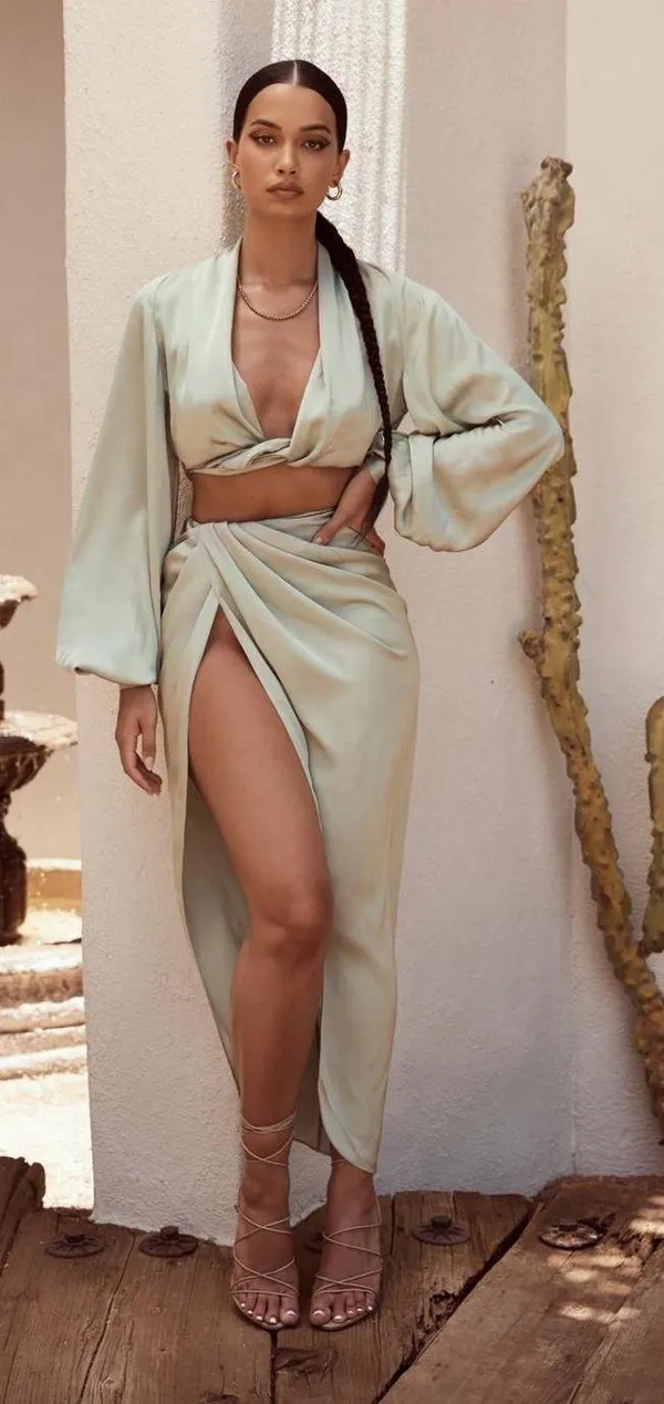 House Of CB TOSCA SAGE SILKY SATIN PLUNGE BLOUSON TOP & CONSTANCE SAGE SILKY SATIN DRAPED SKIRT set in sage - Image 8