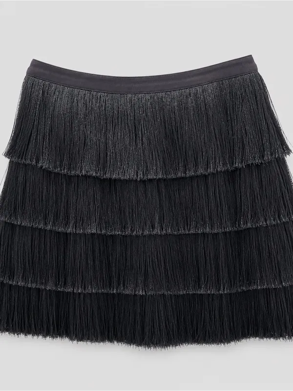 Intermix Raine Fringe Mini Skirt Gray Black Size 4 Flapper Party Cocktail Glam - Image 3