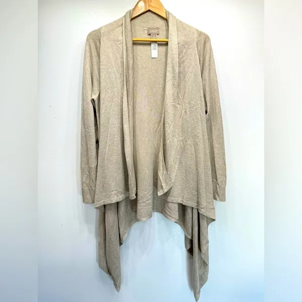 Beige Metallic Open Front Asymmetric Hem Cardigan Wrap Topper Chico’s 1/M - Image 7