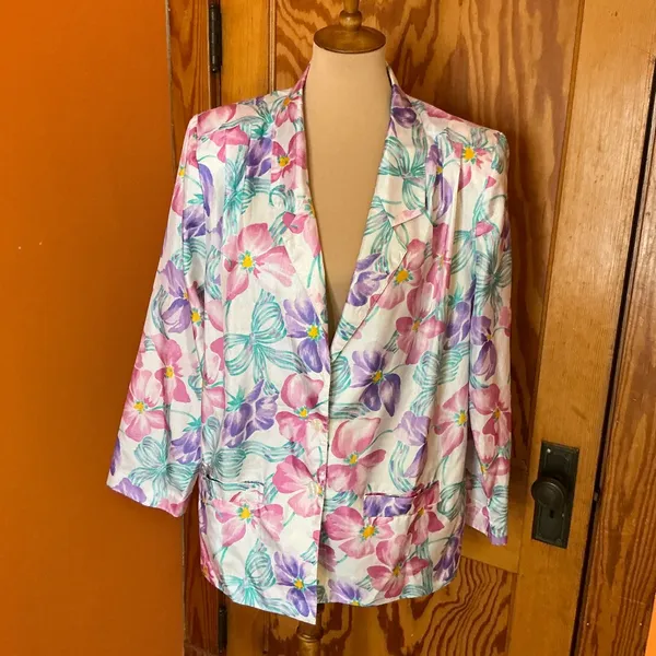 Vintage 80s 90s Floral Blazer Pastel Pink Purple Teal Lightweight Jacket Retro - Image 6