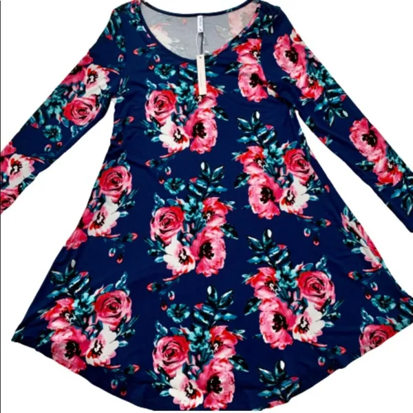 Dearcase Dress Blue Pink Floral Jersey Long Sleeve V-Neck Swing Dress Large NEW - Image 9