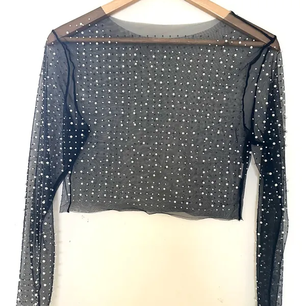 Pearl Rhinestone Sheer mesh top see through tee Crop Top Sz‎ Large Long Sleeve - Image 2