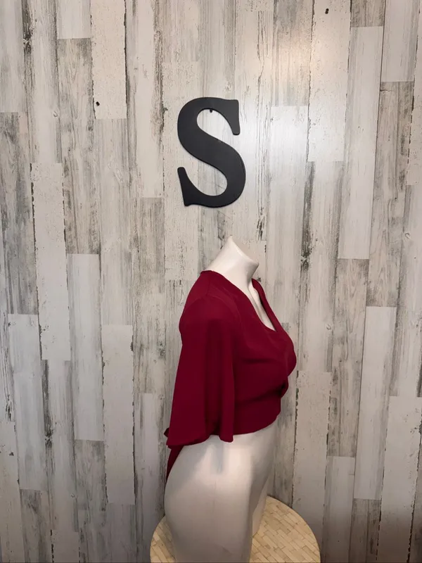 Charlotte Russe Burgundy V Neck Flutter Sleeve Crop Top Womens Small Back Zip Ti - Image 6
