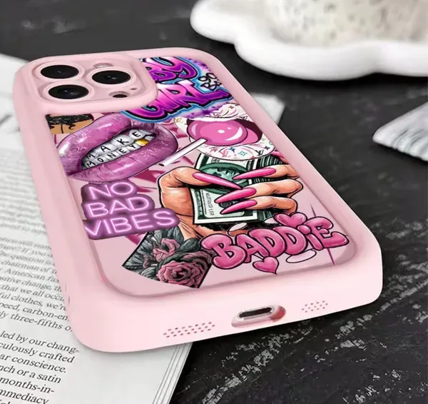 White & Pink “Baddie / No Bad Vibes” Graphic Phone Case – Fits Select iPhone Pro/Pro Max Models - Image 3