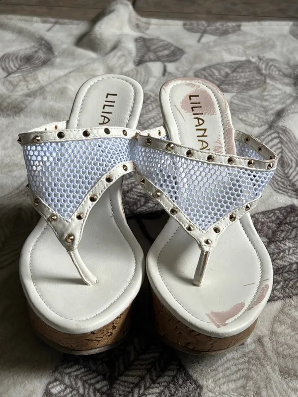 Liliana White Cork Wedge Thong Sandals with Stud Accents - Image 7
