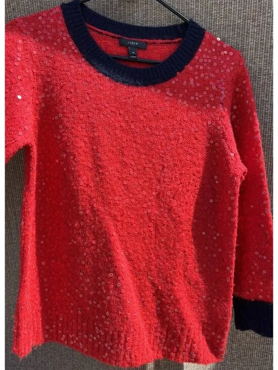 J.Crew Red Sequin Long Sleeves Pullover Wool Mohair Knit Sweater Top Size M - Image 15
