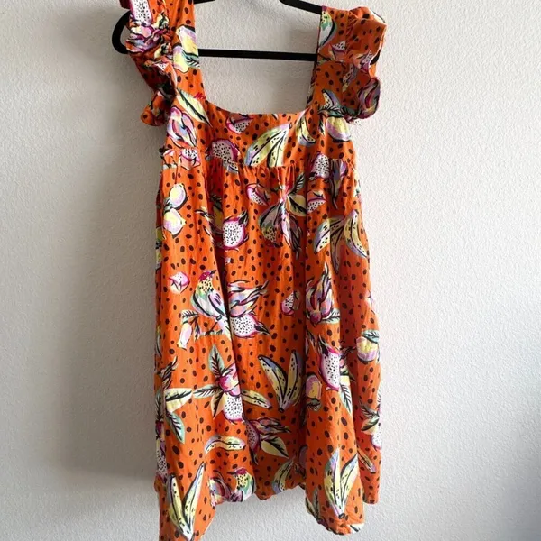 Anthropologie Kourt Aria Linen Tropical Short Dress Pockets Fruit Bird Medium - Image 9