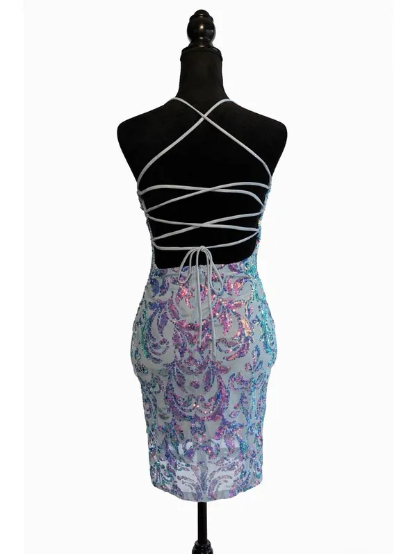 Windsor Sequin Bodycon Mini Dress Womens Light Blue Lace Up Open Back Y2K Size S - Image 2