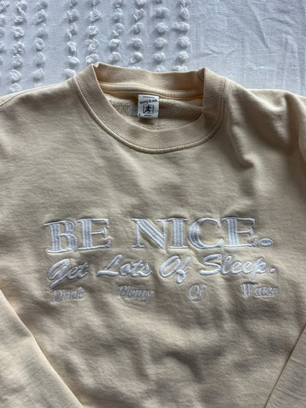 Sporty & Rich Light Yellow "BE NICE" Crewneck Sweater - Image 4