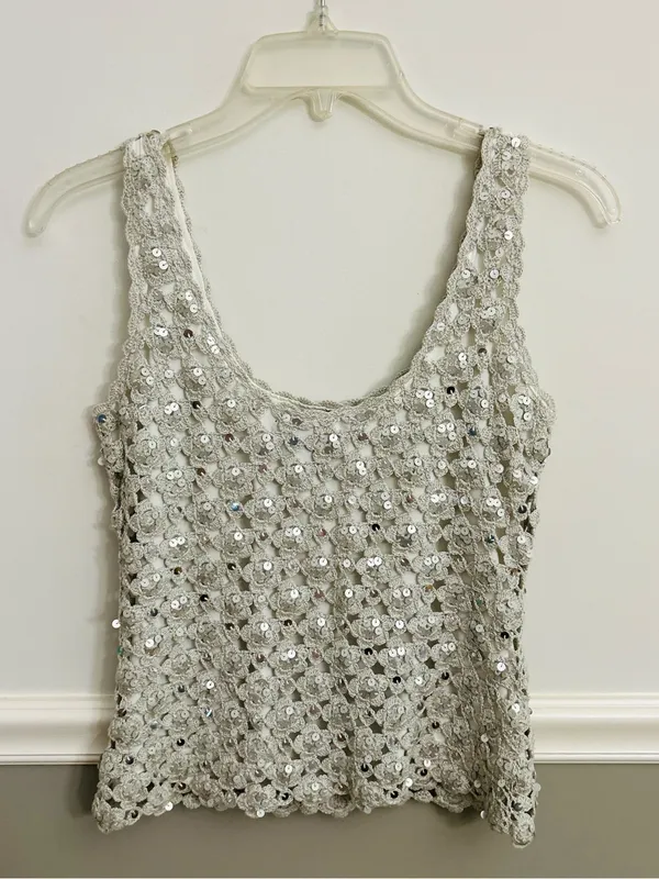 The Wrights Silver Grey Crochet Sequin Glam Chic Tank Top Size Extra Small - Image 2