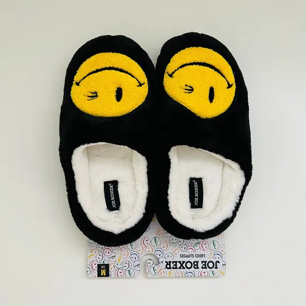 JOE BOXER Black Yellow Mr. Winkey Smiley Face Faux Fur SlipOn Slippers - M (7-8) - Image 6