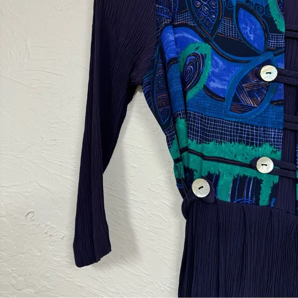 Vintage Blue Crepe Midi Dress Womens 8 80s Embroidered Short Sleeve Green Fall - Image 10