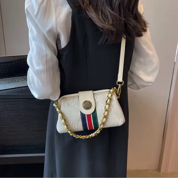 Monogram Chain Shoulder Bag Cream Gold Stripe Crossbody Clutch NIP - Image 10