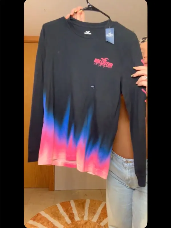Hollister Black Long Sleeve Tee with Pink & Blue Dip-Dye - Image 3