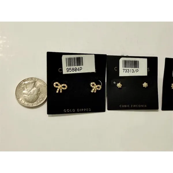 Lot of 4 Gold dipped brass Stud Earrings Cubic Zirconia Bow Heart Sunburst Set - Image 2