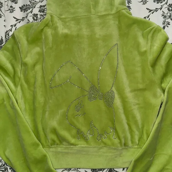 Lime Green Rhinestone Bunny Cropped Hoodie - Image 5