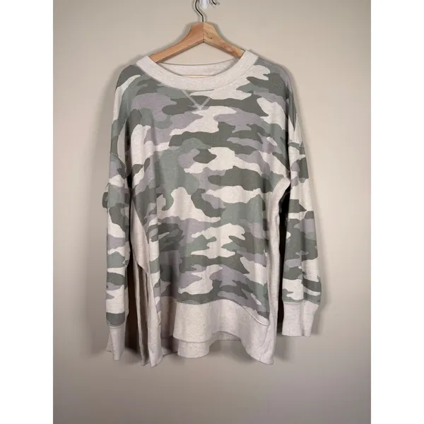 Aerie Womens Oversized‎ Camo Sweatshirt Green Cream Crew Neck 4427-6026-5 L - Image 2