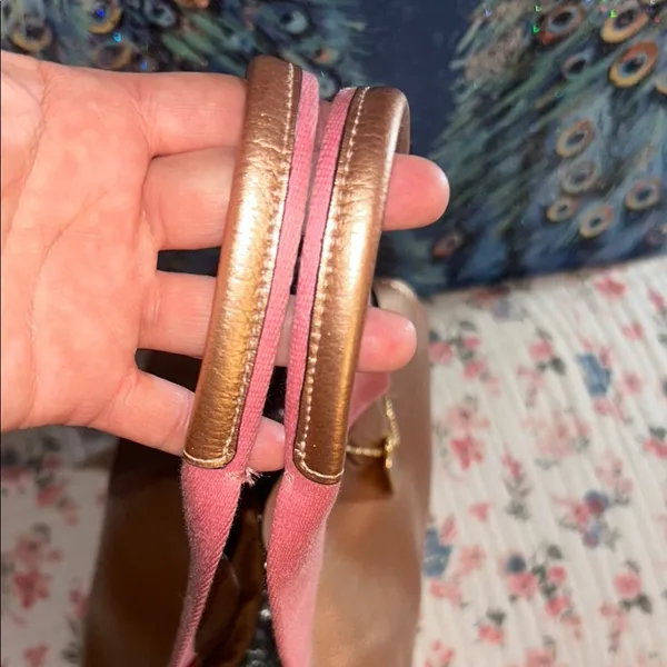 Coach Rose Gold Metallic Tote Bag with Pink Canvas Straps - Image 2