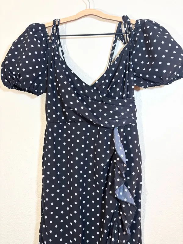 Pretty Little Thing Black Polka Dot Puff Sleeve Off Shoulder Midi Dress Size 6 - Image 7