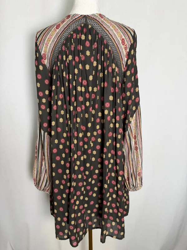 Free People Black Floral & Stripe Lace-Up Long Sleeve Mini Dress - Image 8